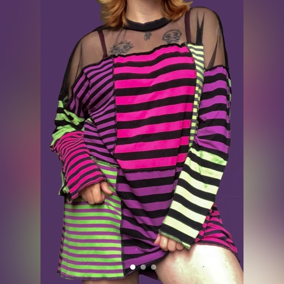The Ragged Priest NWOT Sz S Fantastic Neon Pink Green Black Striped Tunic Dress - Picture 1 of 11